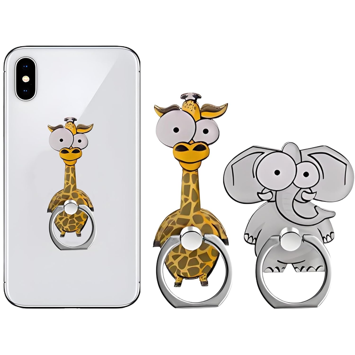 2PCS Phone Back Holder Grip, Elephant and Giraffe Design Mobile Ring Holder, Phone Holder for Hand with Multi-Angle Viewing, Secure Grip for Selfie and Video Watching, Compatible with Most Smartphones