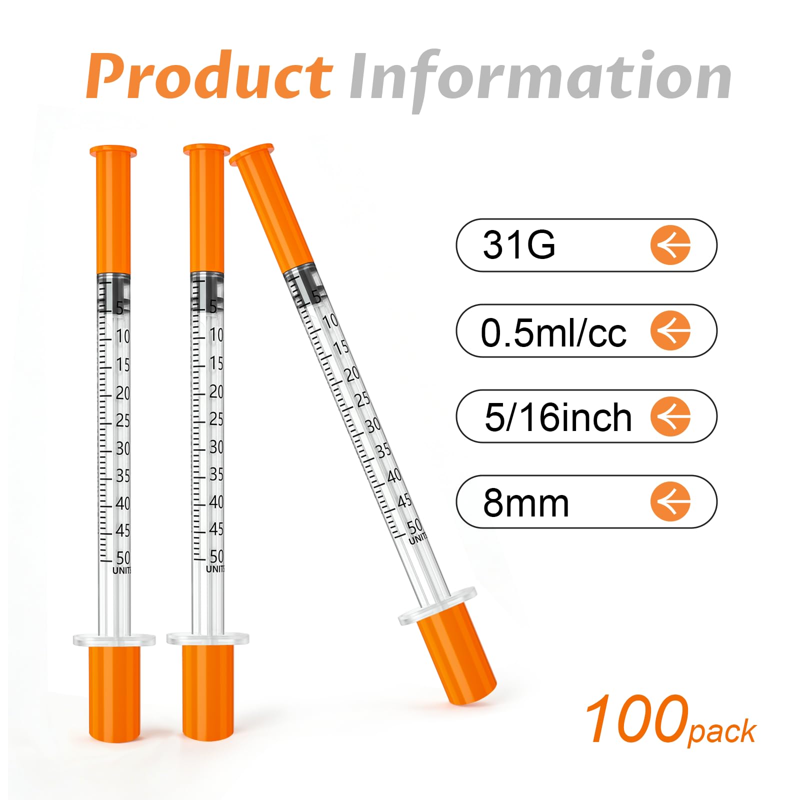 0.5 ml/cc Syringes 31 gauge 5/16"(8mm), Individually Packed Pack of 100. — Amazon image 2
