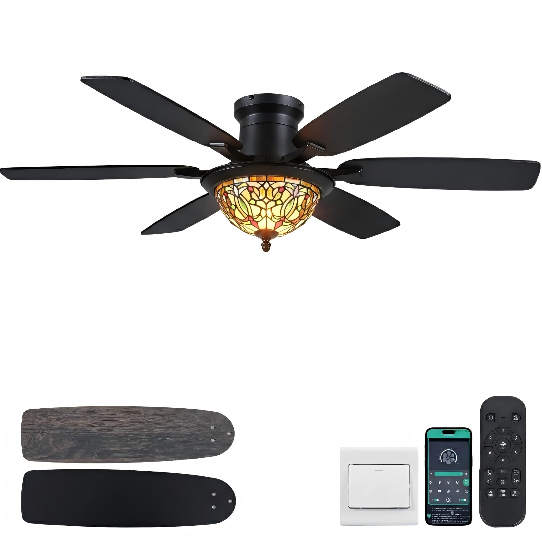 Tiffany Ceiling Fans with Lights - 52" Ceiling Fan Chandelier with Stained Glass Shade, 6 Speeds Reversible 6 Dual-Blades, Flush Mount, 3 CCT Dimmable LED Lights, Remote & APP Control, Farmhouse