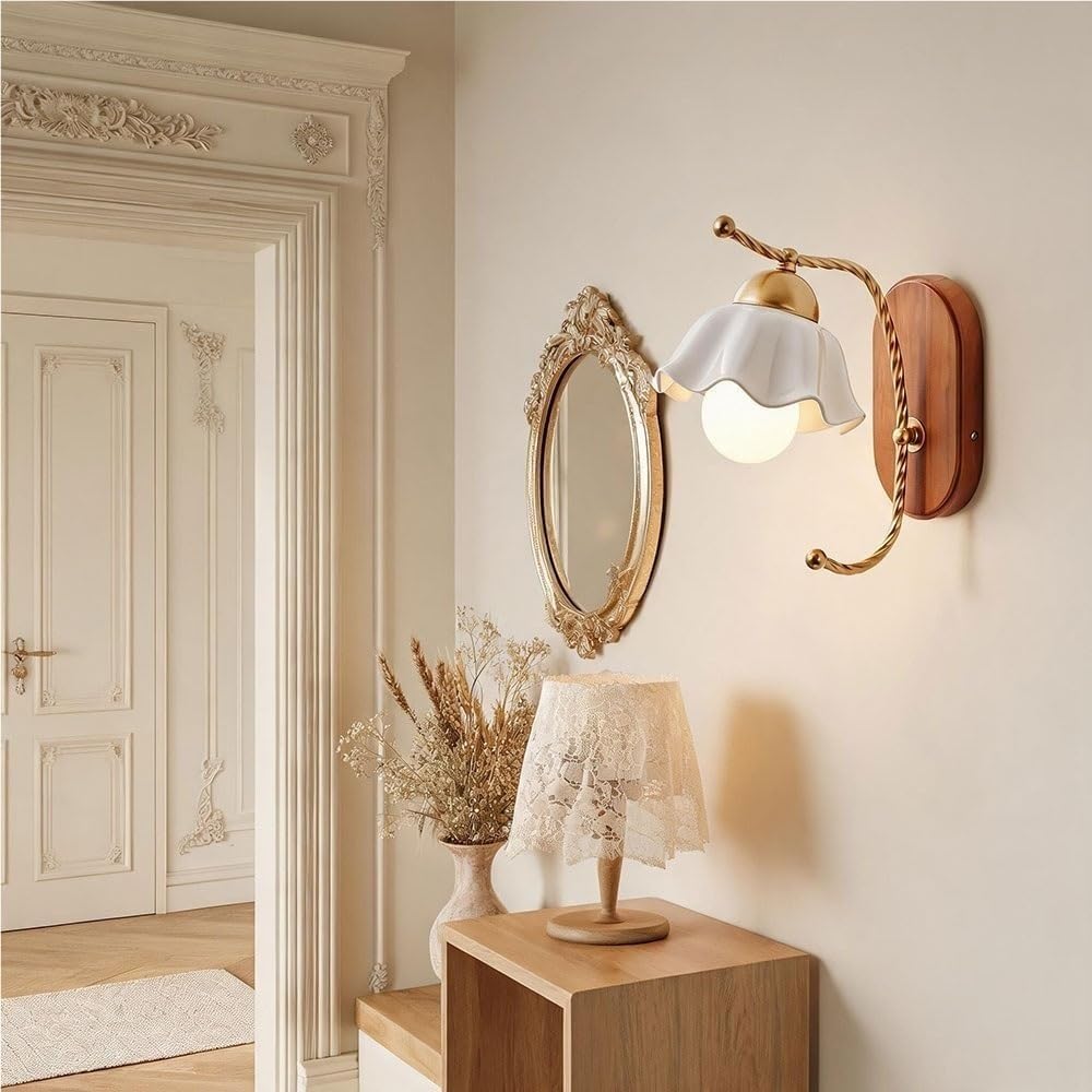 Aplique de Pared para Dormitorio, de cerámica Francesa con Forma de Flor, 33 cm (13 Pulgadas), Brazo de Metal Dorado retorcido con Base de Madera Maciza, Ideal para galerías, ofici