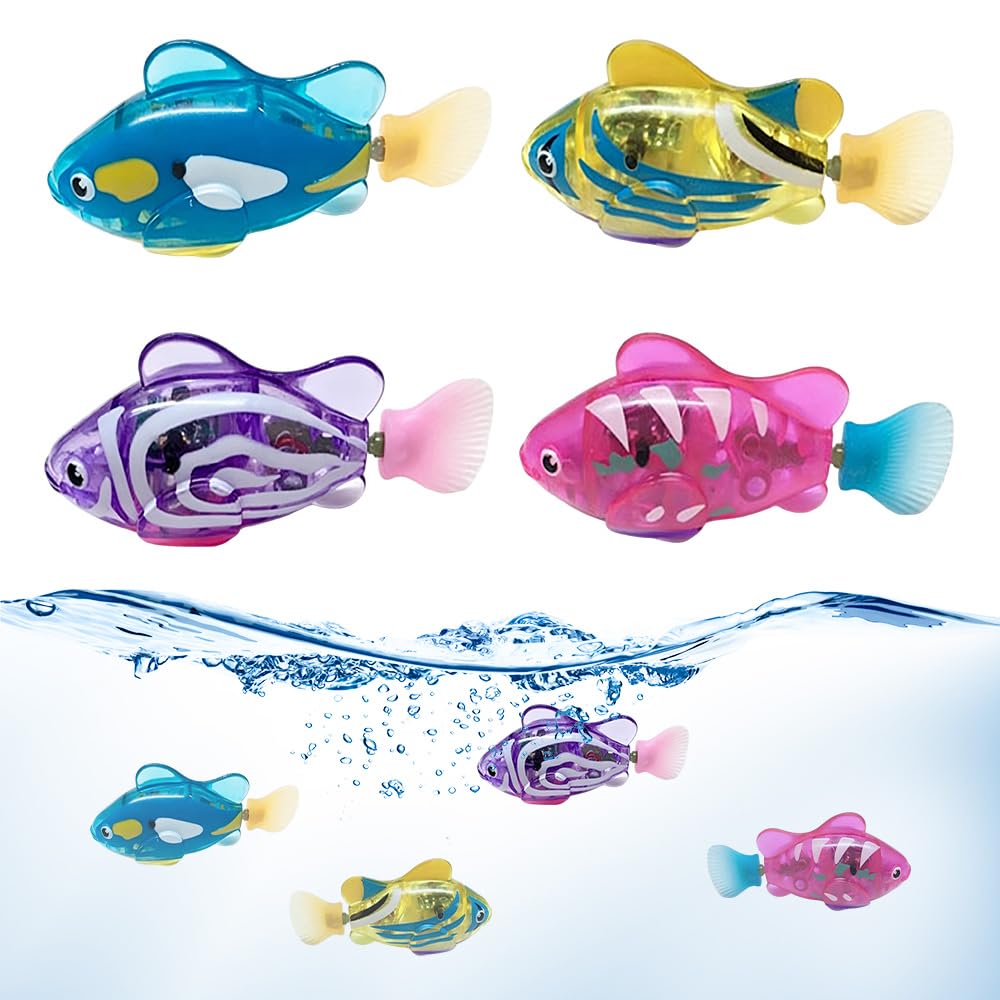 Foreverup 4 Pezzi Pesce Elettronico, Pesce Riutilizzabile Robot, Elettrico con Luminoso, Batterie, Giocattolo Bagno Robofish Riutilizzabile Galleggiante per Animali Domestici pour Enfants