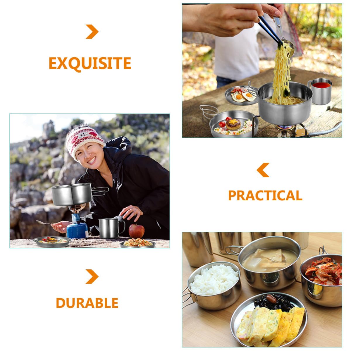 Tragbares mit Tasche aus Edelstahl Kochgeschirr Camping 8 Stück Verschleißfest und Praktisch beim Outdoor Kochen für Backpacker und Wanderer