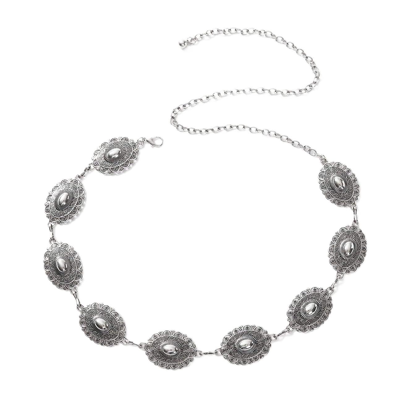 Emottos Women's C-Silver Concho Chain Belt, Adjustable Carving Metal Waist Chain Western Cowboy Cowgirl For Exquisite Boho Belts For Jeans Dress(C-Silver)