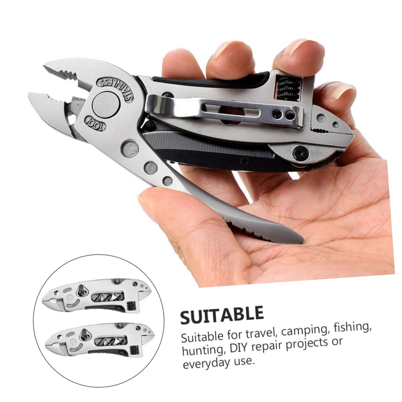 Operitacx Pince Multifonction en Acier Inoxydable Argentée Portable, 2 Pièces, Outil D'extérieur Polyvalent pour Chasse et Pêche, Clés Multi-usages Pratiques
