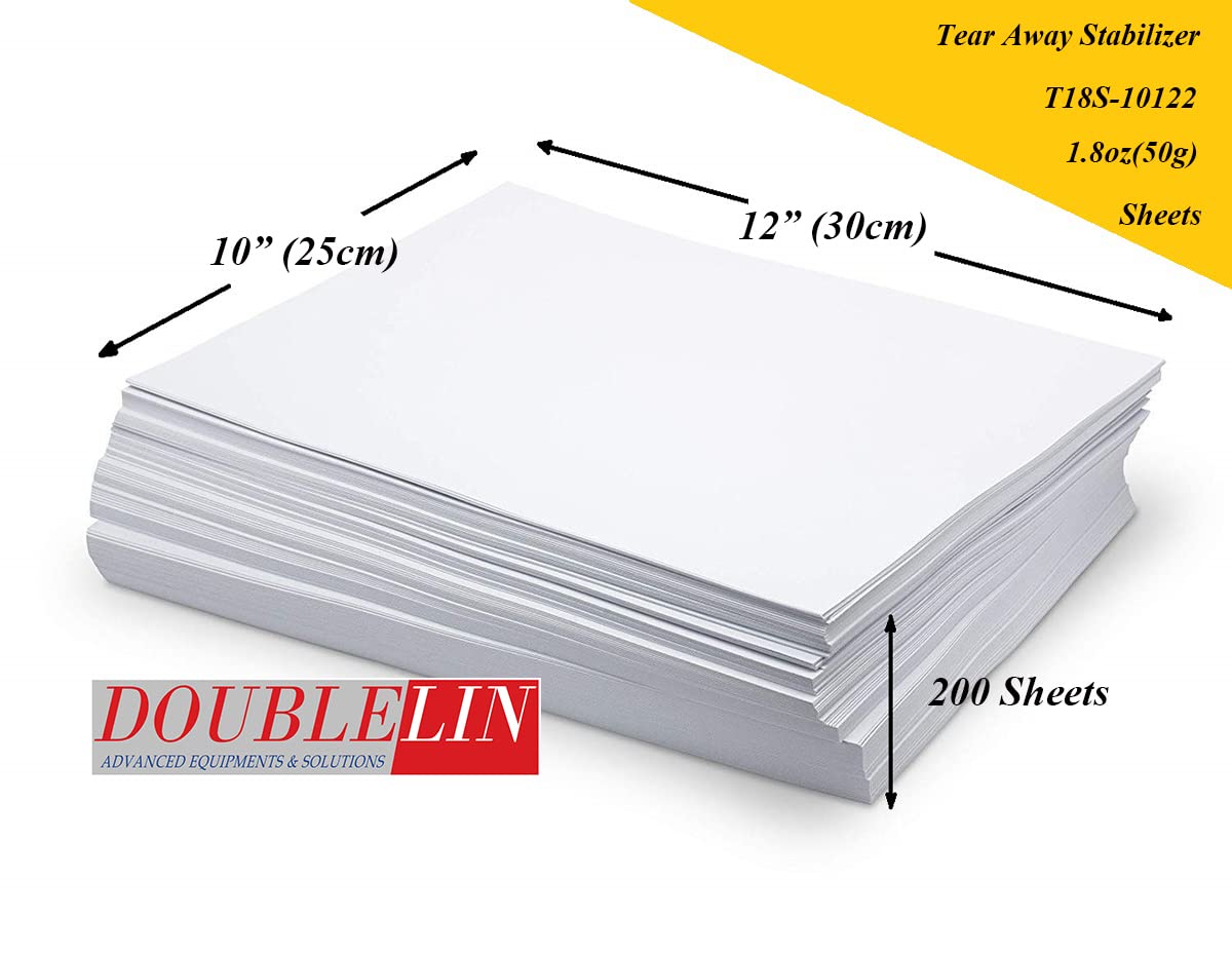 DOUBLELIN Hojas estabiliz. Tear Away 61 gsm, blanco, 25,4x30,5 cm, 200 uds | 61 gsm (1.8 oz) respaldo blanco arrancable para tejidos/toallas; hojas 100/200 o rollos; Compatible con Brother, Janome