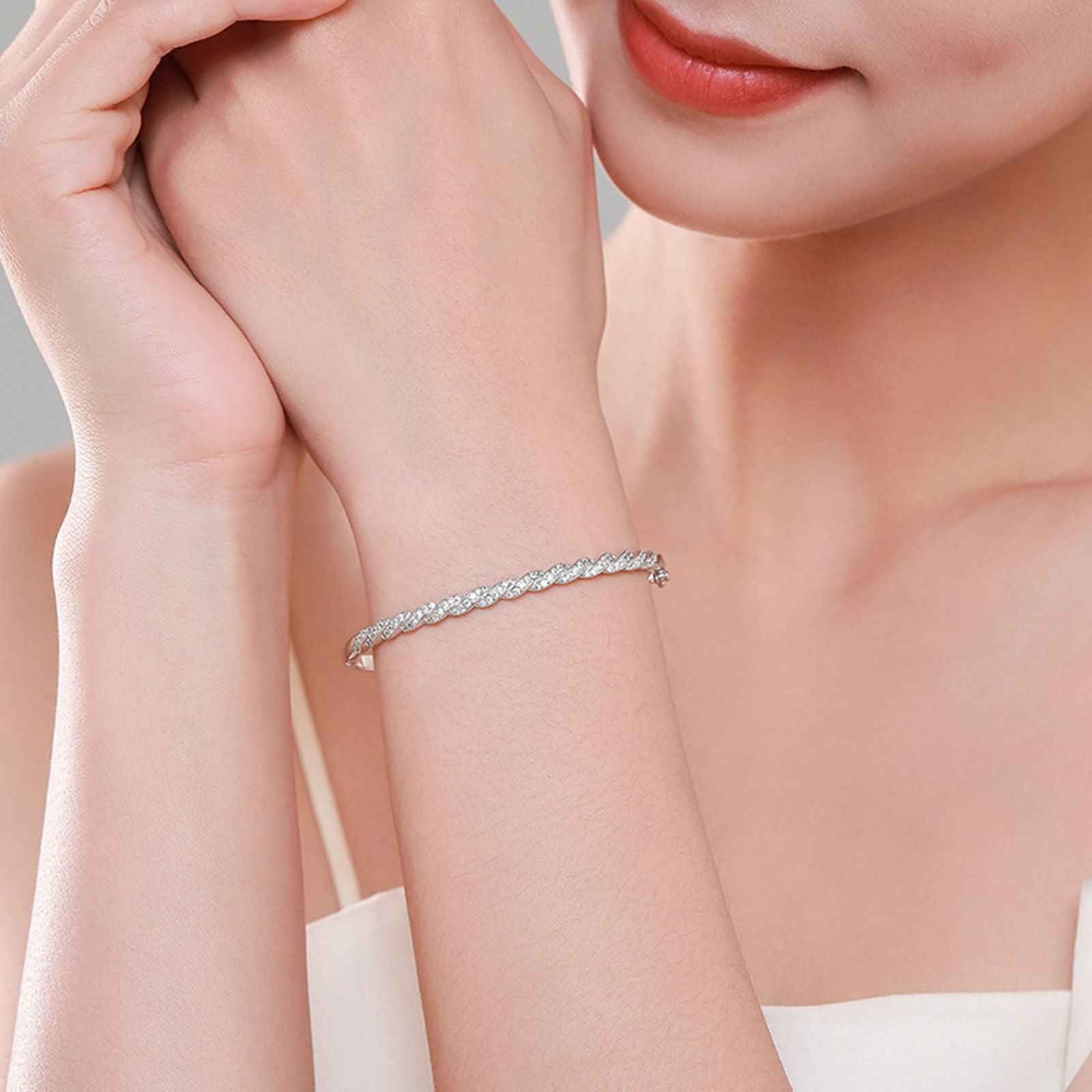 Pulsera de Mujer de Oro Blanco de 9Kilates / 14Kilates / 18Kilates, Geométrico con Moissanita, Cadena 16 CM, Brazalete Mujer Cadena Plata