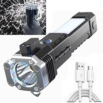 XML Torch Lights Rechargeable Led Flash Light Battery USB Charger Power Bank with Car Emergency Glass Hammer and Car Seat Belt Cutter Travelling Smart Gadgets Tools Products(Multi Color)