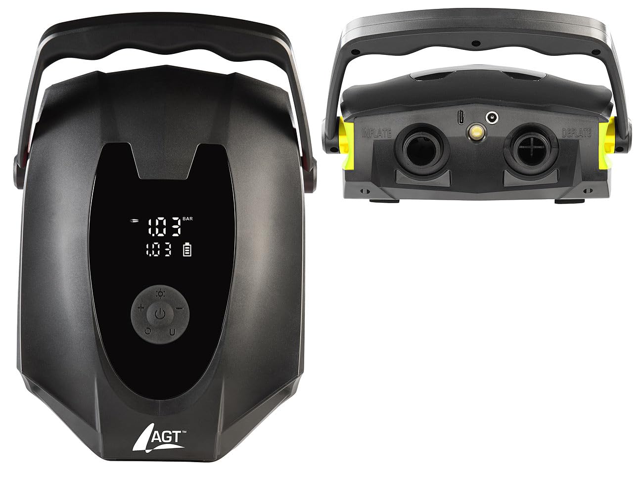 AGT SUP Akku Pumpe: 2in1-Akku-Kompressor- & Schlauchboot-Pumpe, 50 psi /3,4 bar, 12V / USB (SUP Luftpumpe, Kompressor, e Bike)