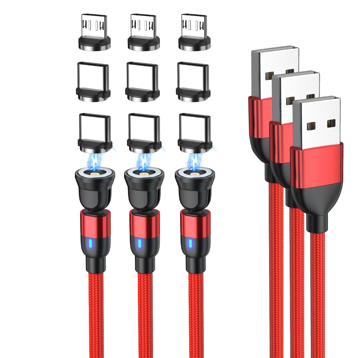 Cavo Magnetico 3 In 1 Rotante 360° E 180° - Caricatore Universale 2 Metri Con Attacchi Micro USB, USB-C E I-Product, Ricarica Rapida 3A E Trasferimento Dati, Treccia Nylon, LED Notturno - 2