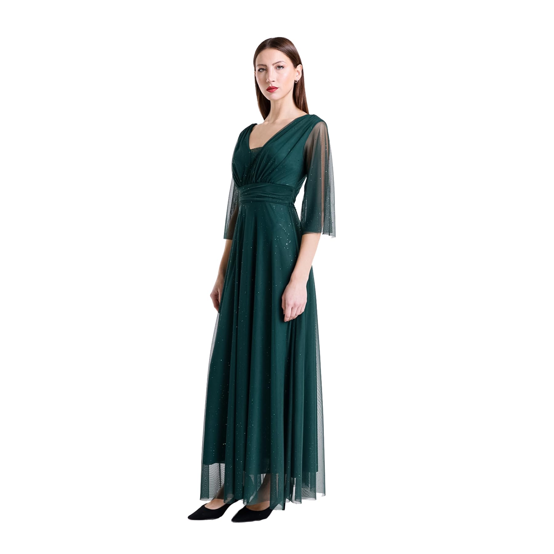 Vestido largo elegante para mujer, de ceremonia, mangas 3/4 y cuello en V, talla única ajustable, ideal para bodas, eventos y fiestas. Fabricado en Italia
