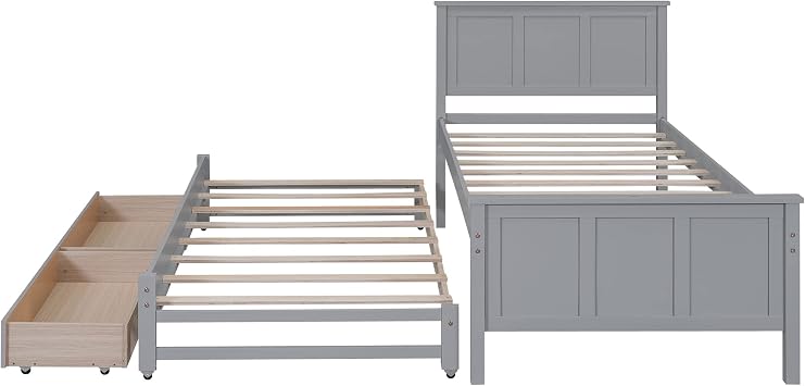 Merax Wood Bed with Trundle and 2 Drawers Twin Daybed Frame for Kids Teens Adults/No Box Spring Needed Grey