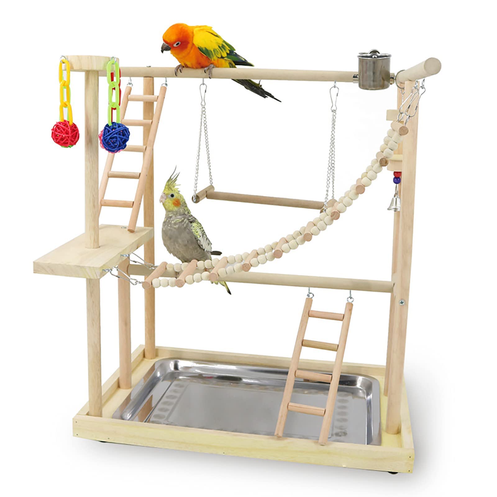Pappagallo Playstand, Palestra gioco per uccelli, scaletta in legno, giocattolo da masticare con ciotole, centro esercizi per calopsitta