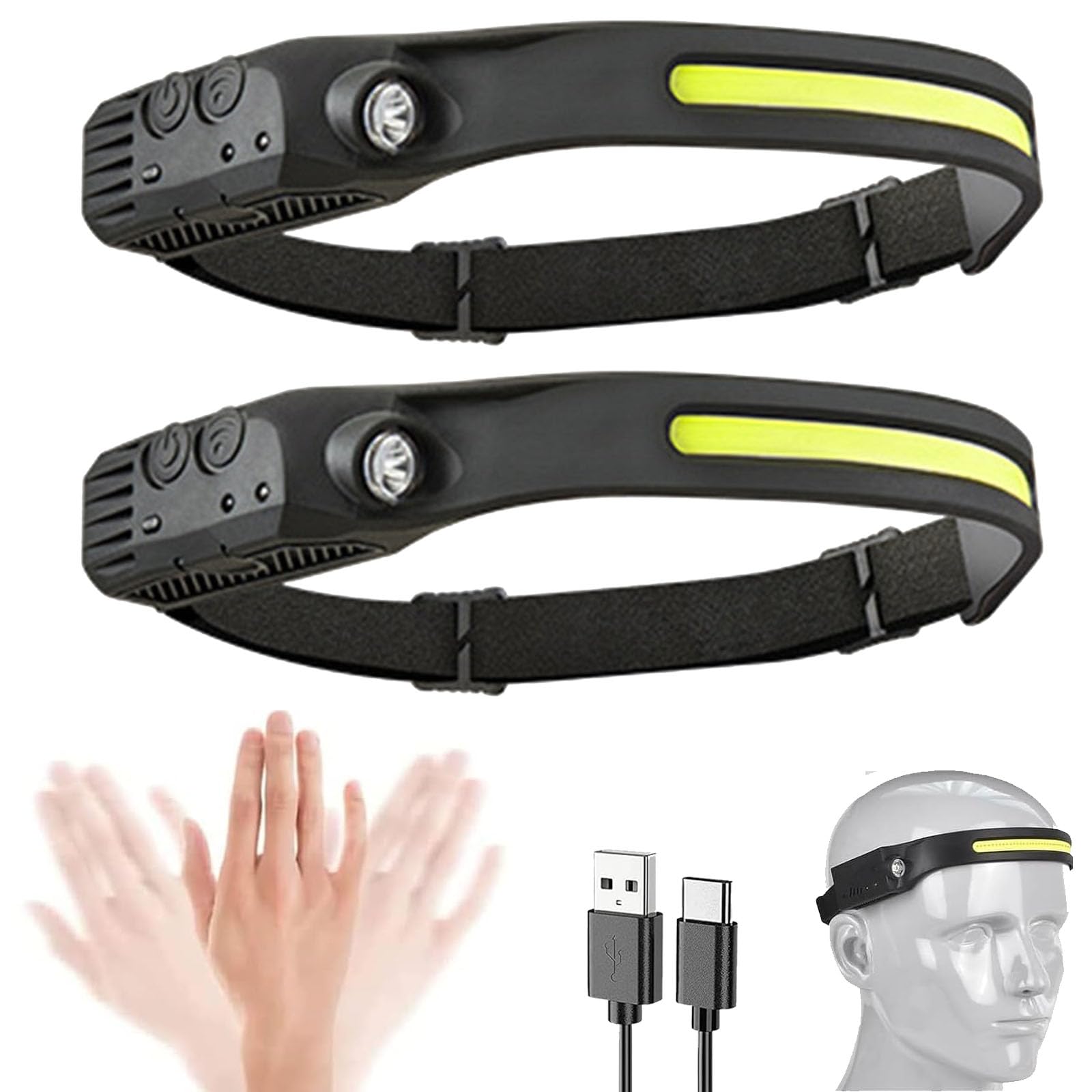 Head Torch, Luxelight LED Headtorch Rechargeable, Lumilight Head Torch 230° Wide Beam Headtorch, Rechargeable Waterproof Lightweight Headlamp for Running, Camping, Hunting (2, 1 Front Led Lichtleiste)