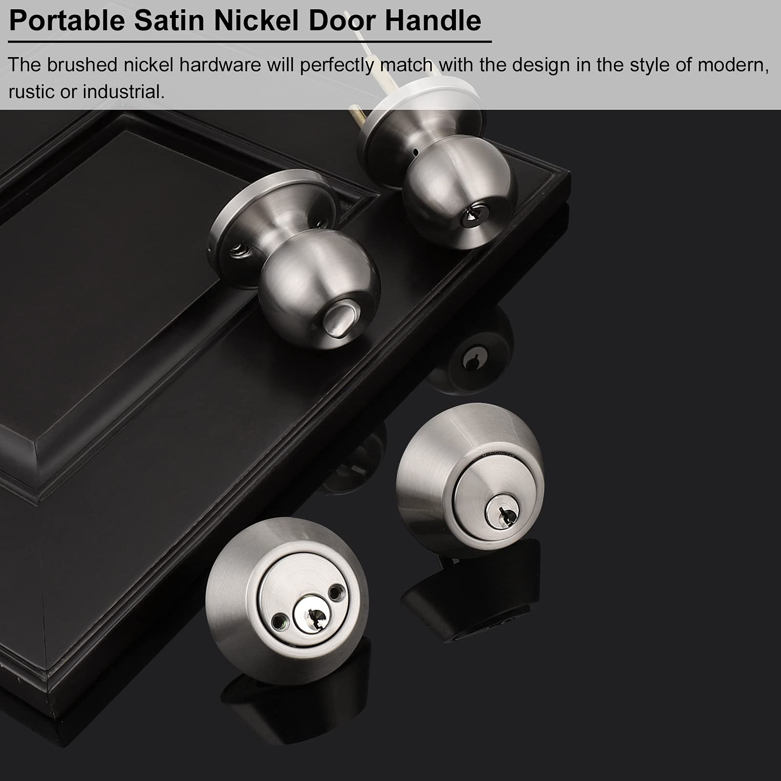 Entry Door Handle with Double Cylinder Deadboltin Brushed Nickel, Fit for Right/Left Handed Doors, Entrance Door Handleset Keyed Alike, Combo Pack of 3-Keyed on Both Side