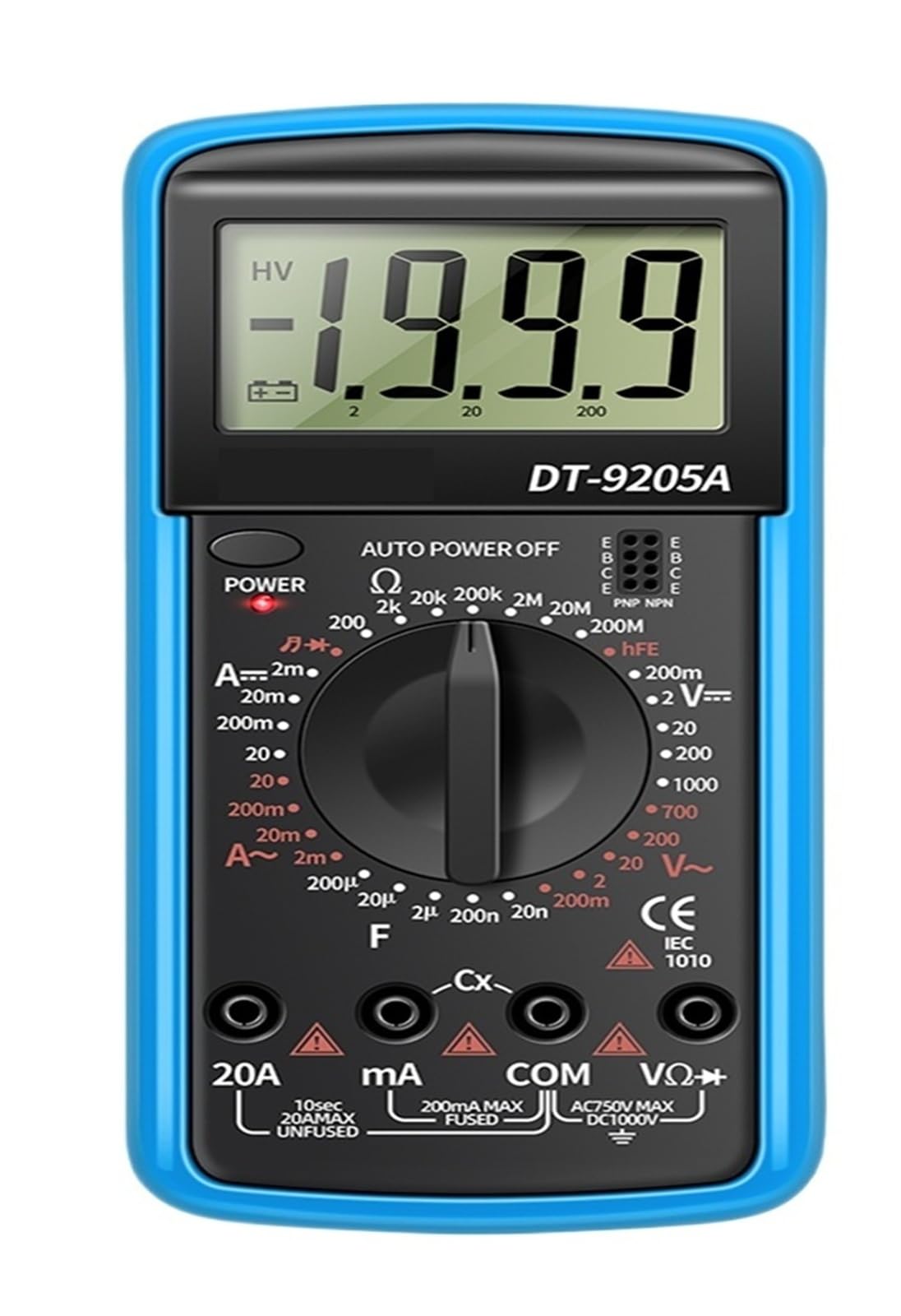 Multimetr cyfrowy DT9205A, 1999 punktów, prawdziwy automatyczny zakres, wzmacniacz AC/DC Ohm, tester pojemności, multimetr analogowy (DT9205A blue)