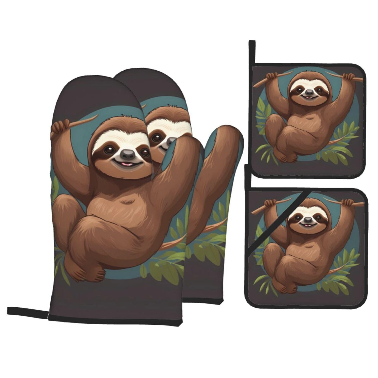 HJFCZH Brown Sloth Picture Kitchen Baking Set of 4 Thick Insulated Oven Mitt & Pot Holders, Anti-Scalding for Microwave, Oven, Outdoor BBQ