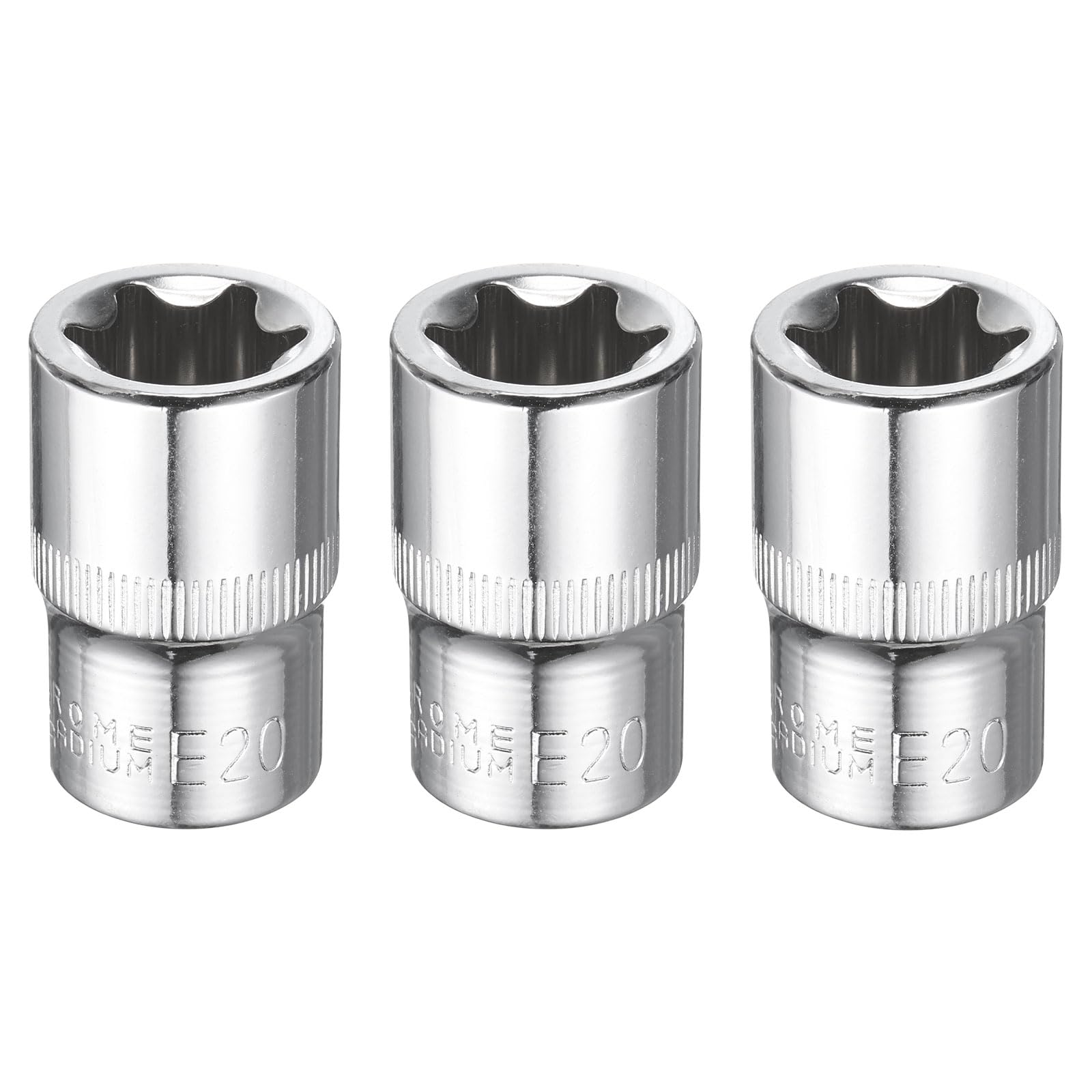 sourcing map 3pcs E-Torx Socket 1/2" Drive E20 Star Female Socket 1.5" Length External Torx Deep Sleeve CR-V Chrome Plating 6 Point Spline Sleeve for Auto Repairs Home Maintenance