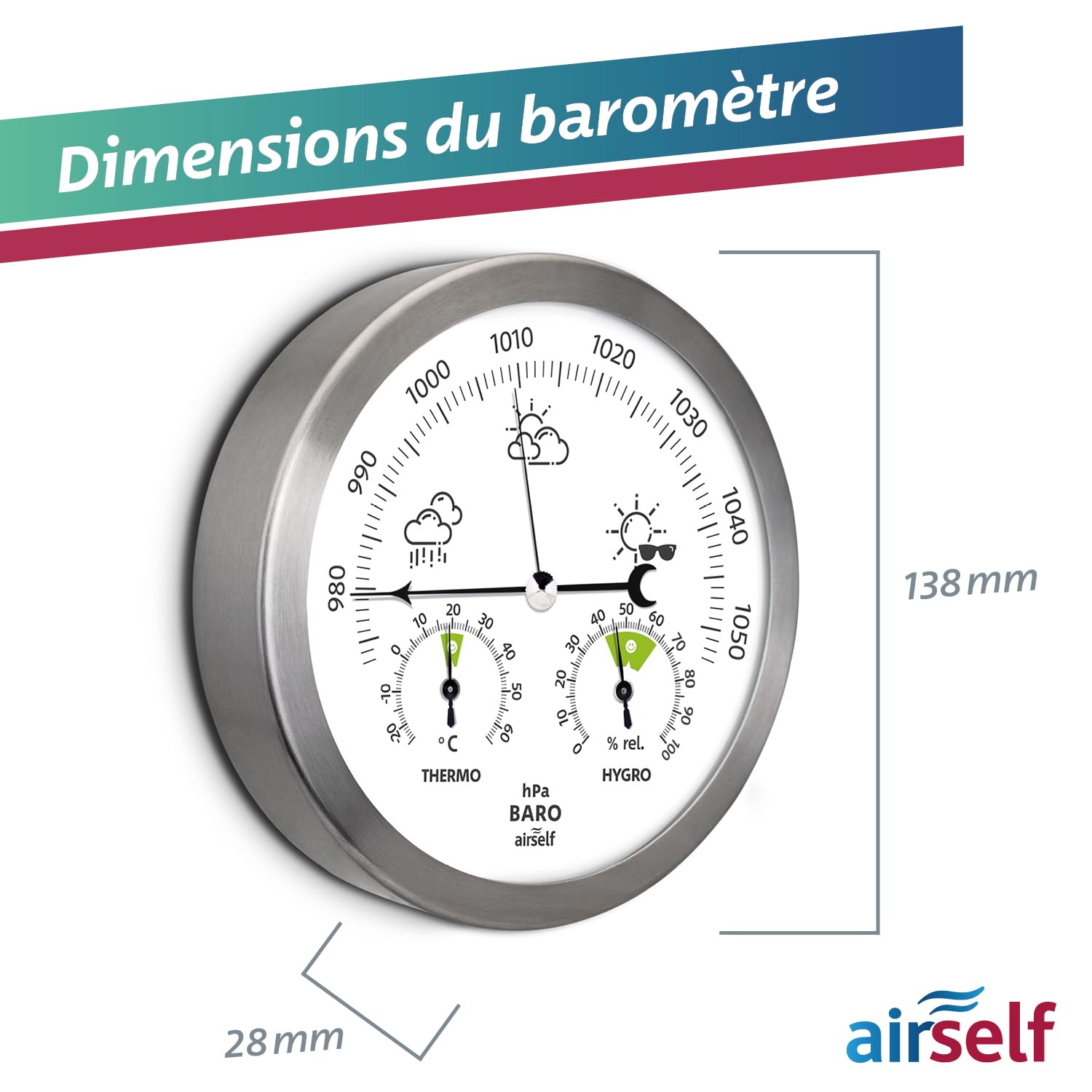 airself Station météo analogique en acier inoxydable - avec baromètre/thermomètre/hygromètre - pour intérieur/extérieur