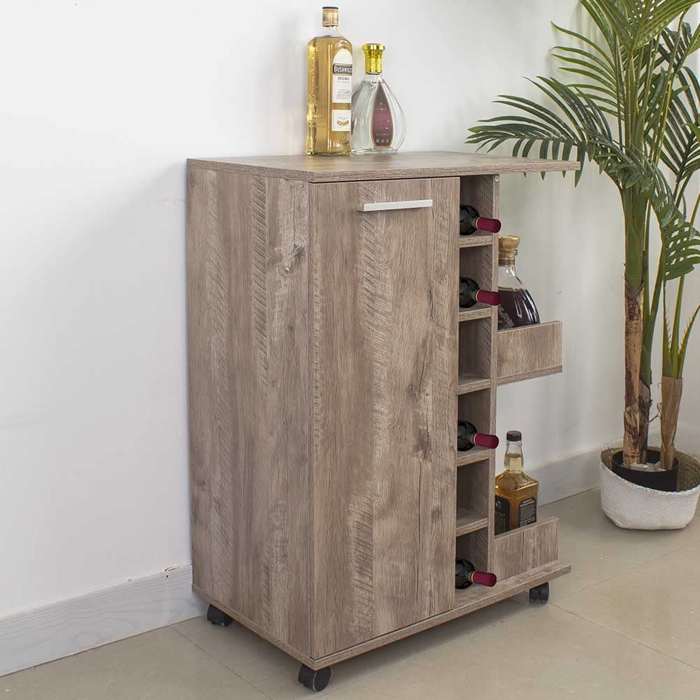BAKAJI Mobile Angolo Bar Cantinetta Da Terra Mensola Porta Bottiglie Vino Liquori Cantina in Legno 6 Posti Portabottiglie Con Porta e Maniglia in Metallo 2 Ripiani Laterali (Tortora)