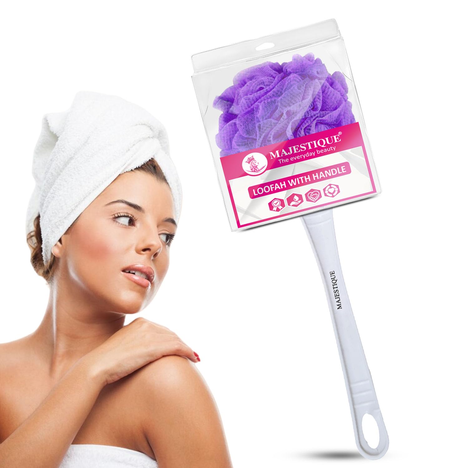 Majestique Shower Brush, Long Handle Loofah with Smooth Grip Handle Loofah, Scrubber for Bath and Shower, Bath Brush for back cleaning, for Men and Women - Easy Reach Body Wash and Lotion Applicaton (Color May Vary)