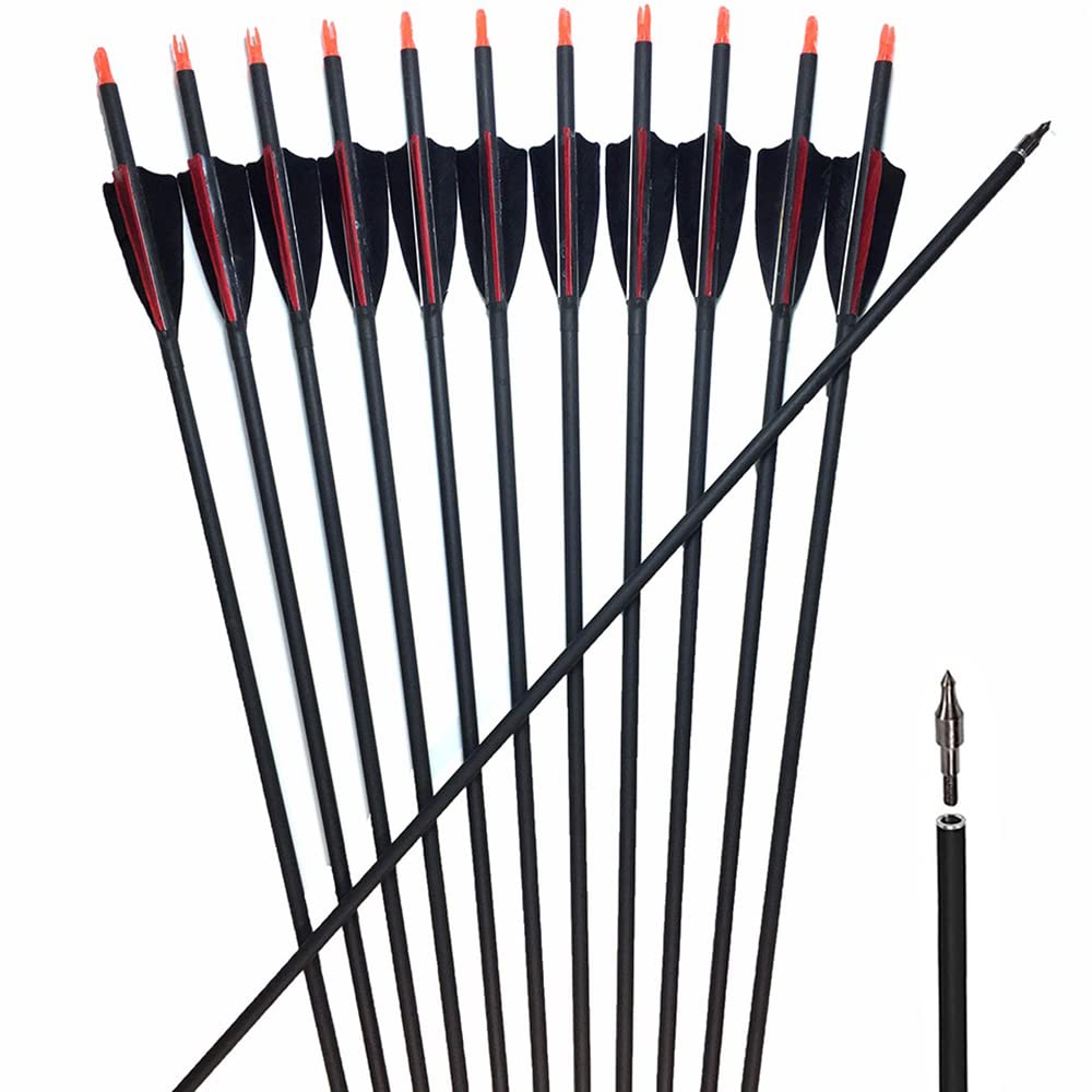 ACCMOS Spine 500 Tiro con L'Arco Freccia in Carbonio 23-30 Pollici con 3'' Piuma di Tacchino,Punte di Freccia Rimovibile, per Arco Ricurvo Arco Composto Caccia 12 pzi
