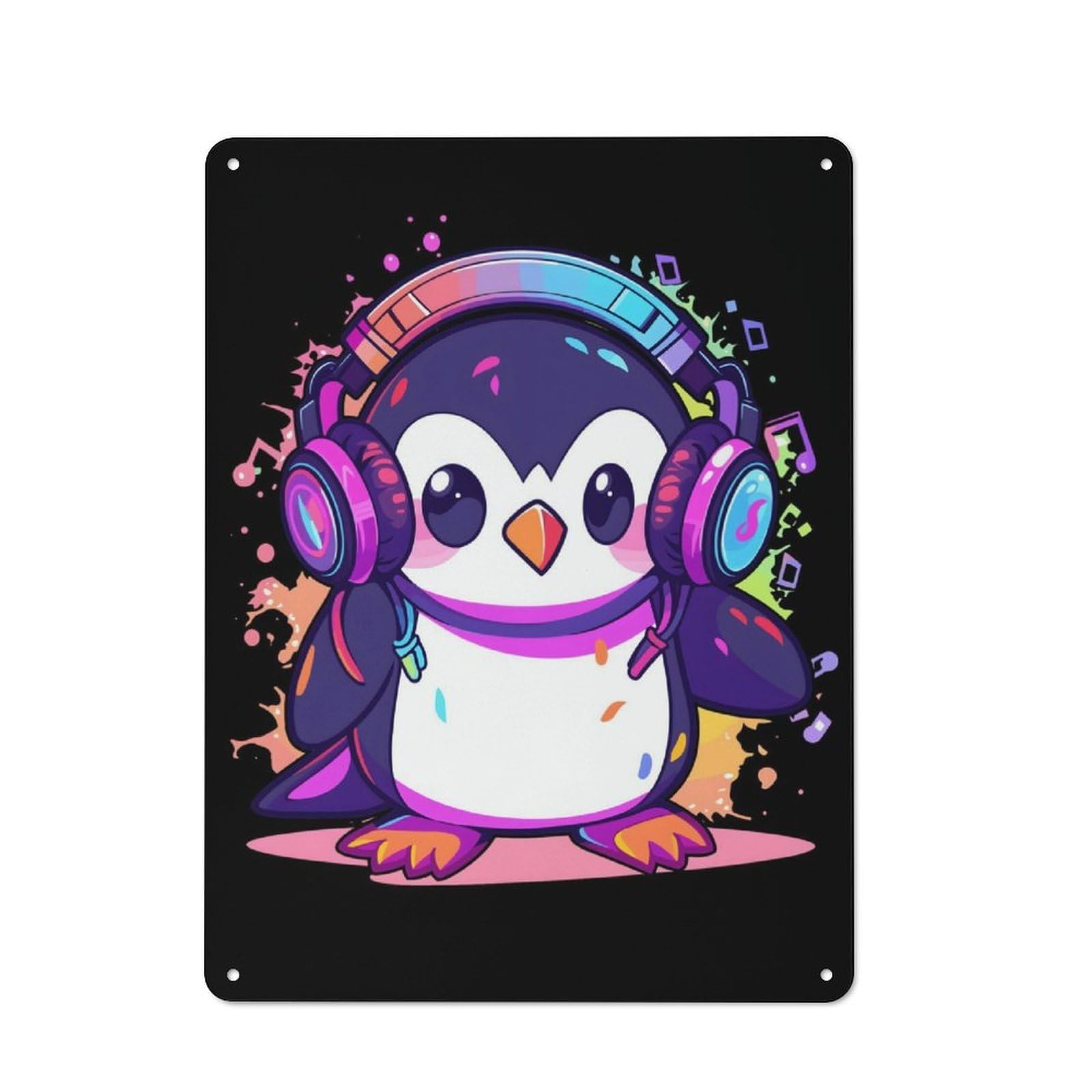 Junmoney Cool Penguin Headphones Distressed Look Decorative Tin Sign 40X30cm, Retro Room Decor For Lounge, Study, Pub Or Wall Gallery