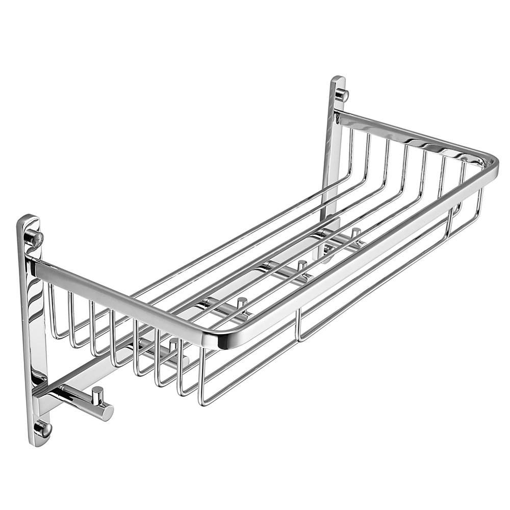 GLYYR Shower Shelf Wall Mounted Brass Chrome Bathroom Shower Caddy Basket Storage Shelf Organiser with 5 Hooks for