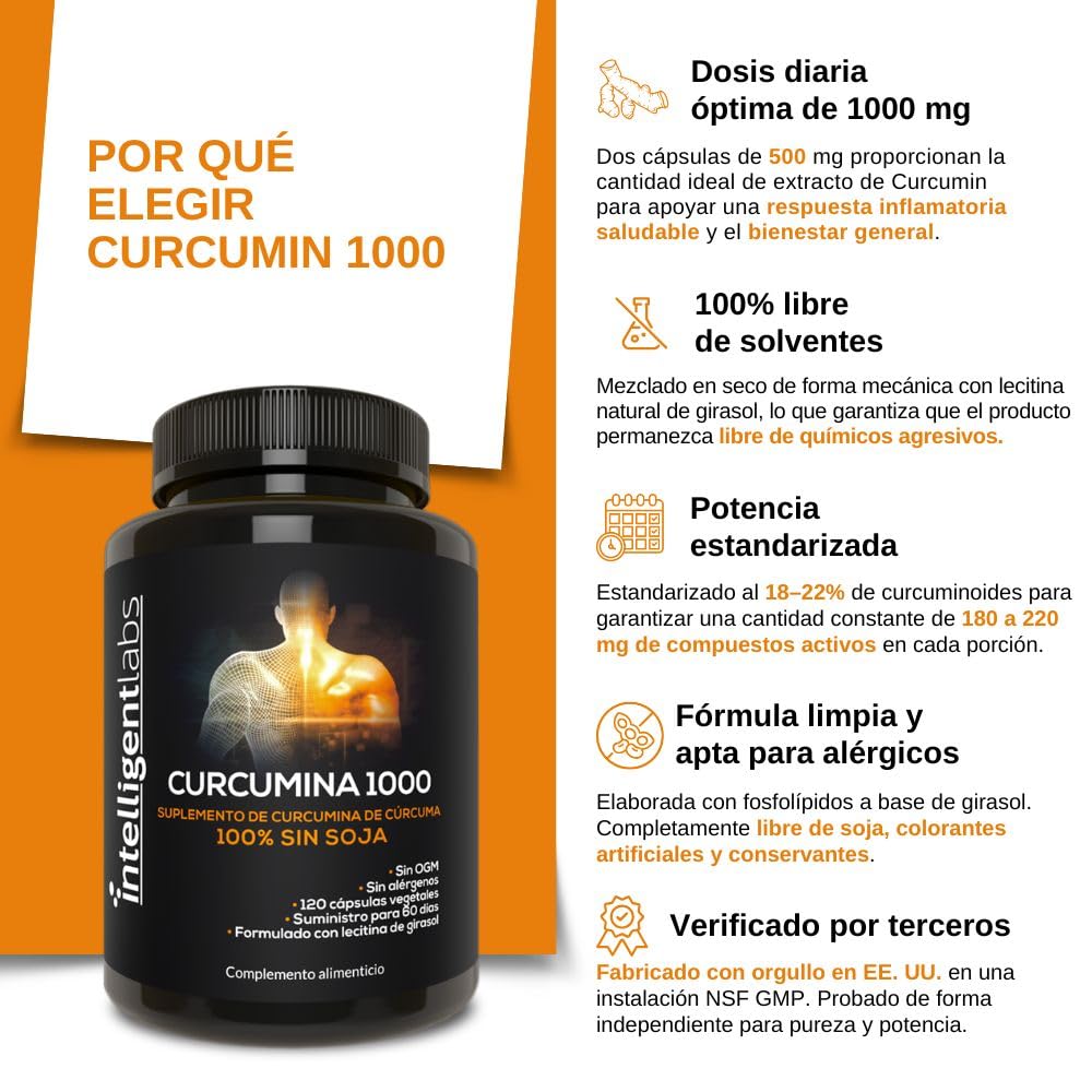 Complejo de Fitosoma de Curcumina Meriva de 1000mg de Intelligent Labs, 2900% Mejor Absorción que la Cúrcuma Ordinaria, 100% Libre de Soja, 120 Cápsulas por Botella