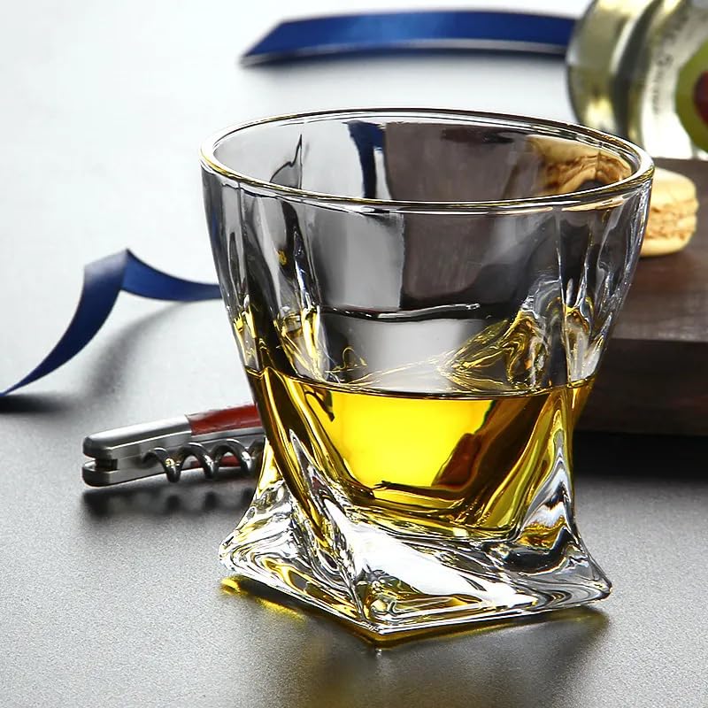 Image of Whiskey Glasses Set of 6 pcs- 250 ml Bar Glass for Drinking Bourbon, Whisky, Scotch, Cocktails, Cognac- Old Fashioned Cocktail Tumblers (6, Twisted)