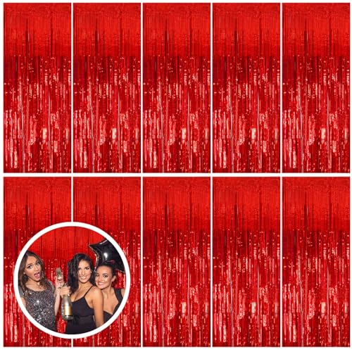 10 Pack Red Streamers Party Backdrop Christmas Decorations Foil Fringe Backdrop Curtains Carnival Casino Theme Birthday New Year Holiday Celebration Bachelorette Party Decorations Supplies