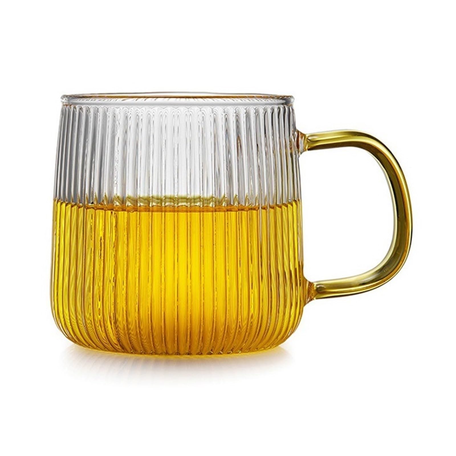 Taza de vidrio con rayas verticales de borosilicato transparente y asa amarilla de 320 ml