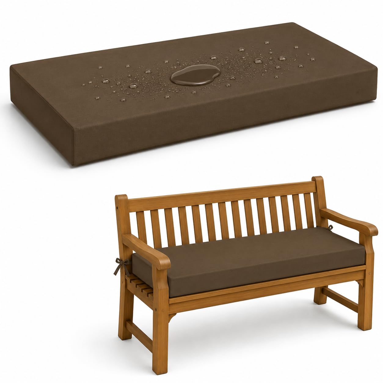 AZMAHT Waterproof 2/3/4 Seater Bench Cushion, Polyester Garden Bench Pad with 50D Foam 5Cm, Anti-Slip Ties, Removable Cover for Patio, Lawn, Indoor Outdoor Seats,Brown,150x30x5cm