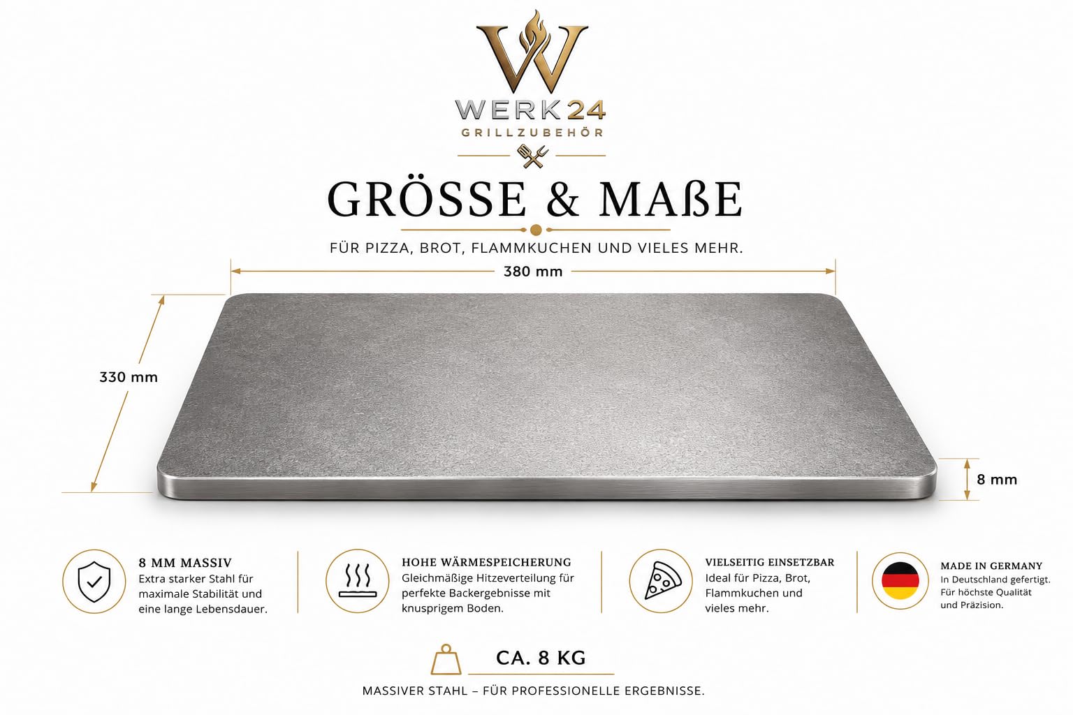 Werk24 Backstahl 38 x 33 cm, 8 mm Pizzastahl für Pizza, Brot und Flammkuchen, massiver Backstahl für Backofen und Grill