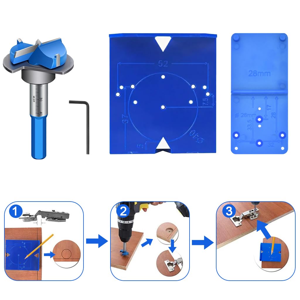 Serplex® Concealed Hinge Jig Kit, 35mm Forstner Drill Bit, Hinge Jig Template, Drilling Guide Base & Hex Key, Woodworking Tool for Kitchen Cabinet Installation 3