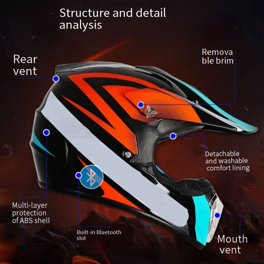 Jeunesse Enfant Hors Route Moto Casque, avec Gants Lunettes Masque, MTB VTT BMX Une Descente Quad Moto Cross Accident Casque Unisexe, Approuvé par Le Dot