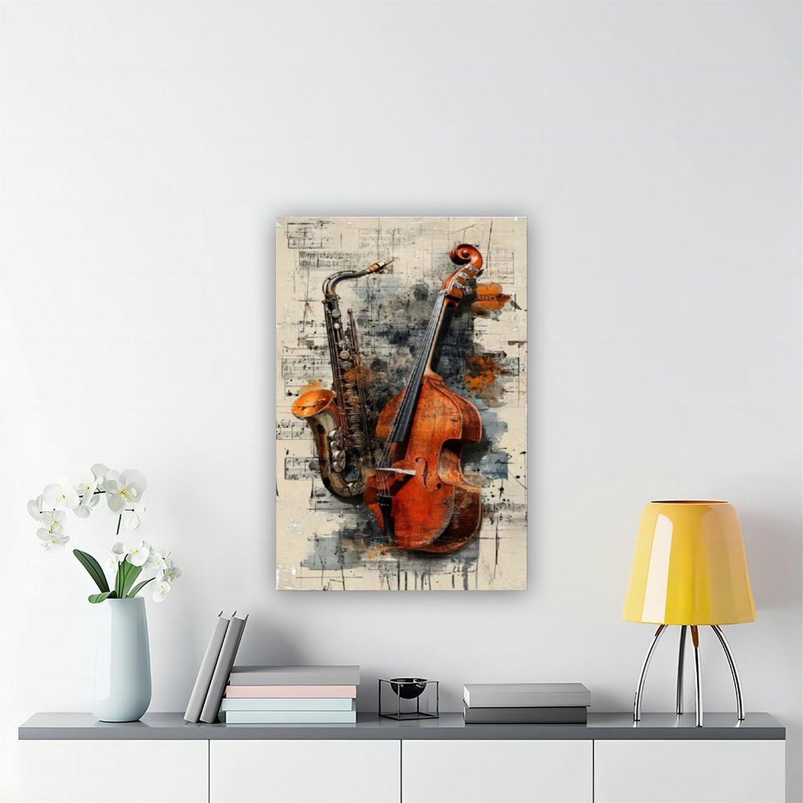 Poster su tela a tema musica jazz sinfonia sassofono e violoncello, decorazione artistica da parete per soggiorno, camera da letto, decorazione, 61 cm di lunghezza x 91,4 cm di larghezza