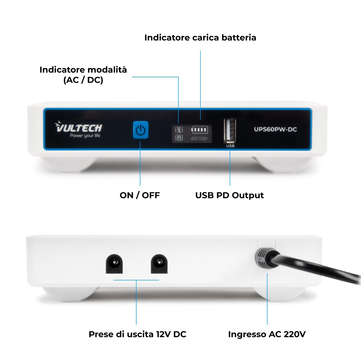 VulTech UPS60PW-DC Rev. 2.1 Weiß Mini USV 6000 mAh 60 Watt tragbare unterbrechungsfreie Stromversorgung für Router Wireless Modem Kamera Power Bank Smartphone Eingang 100-240 VAC USB 5 V DC 12 V