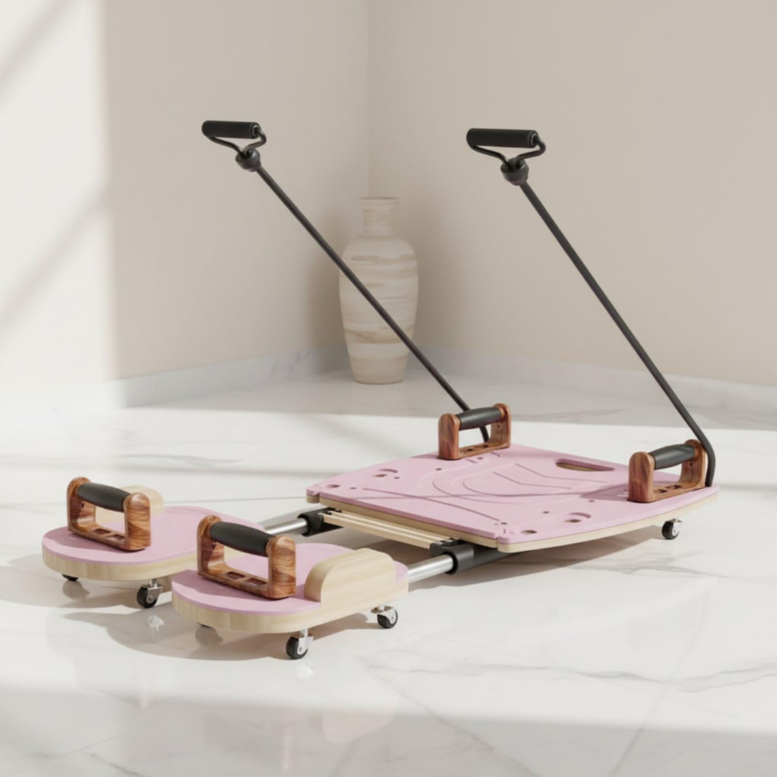 Amagogo Pilates Trainingsboard Pilates Maschine Pilates Reformer Fitnessgerät Bauchmuskeltrainer mit Dreistufiger Intensität Und Gleitender Schiene aus , Holzgrau