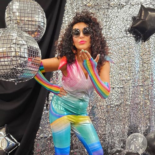 Fishnet Fingerless Gloves, Neon Mesh Long Arm Warmers Accessories for Women Pride Day Parade Halloween Rave Party Cosplay Costume Decoration4