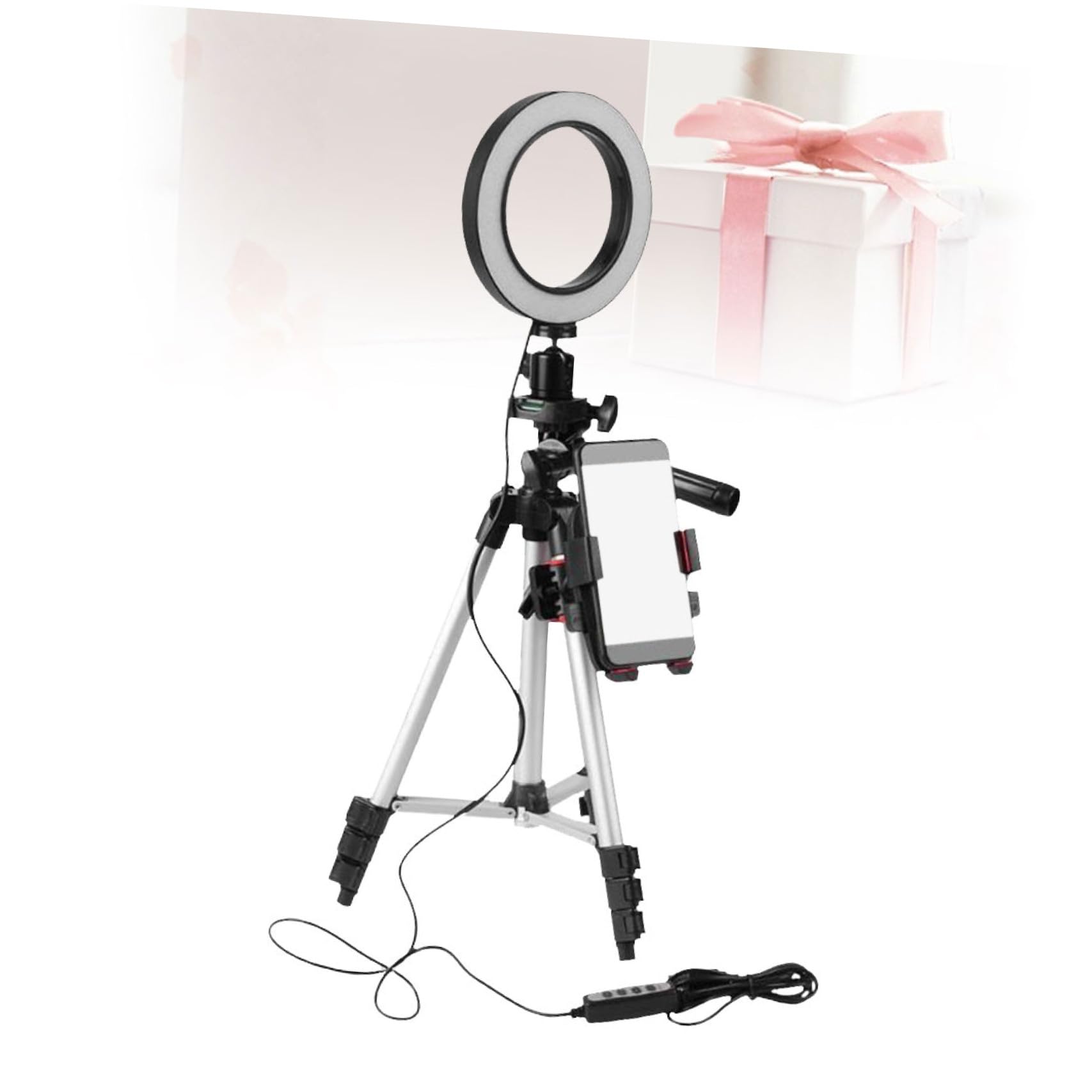 DECHOUS Luce ad Anello LED con Supporto per Telefono e Treppiede Leggero Dimmerabile per Selfie Video Streaming e Trucco Alimentato Via USB Compatibile Maggior Parte dei Colore Casuale