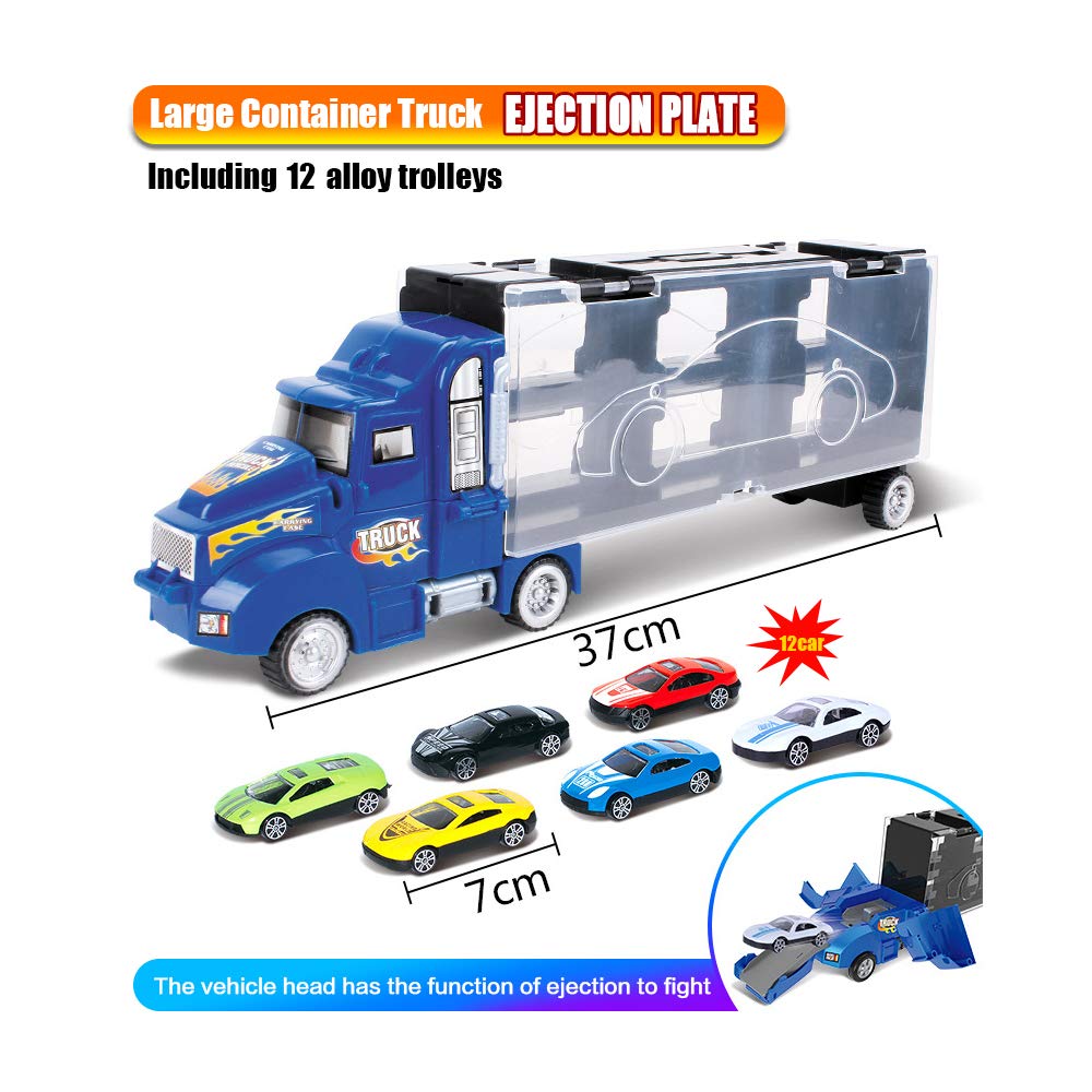 Toy Truck Transport Car Carrier Toy for Boys and Girls age 3-10 yrs old - Hauler Truck Includes 12 Toy Cars and Accessories - Ideal Gift For Kids (Blue)
