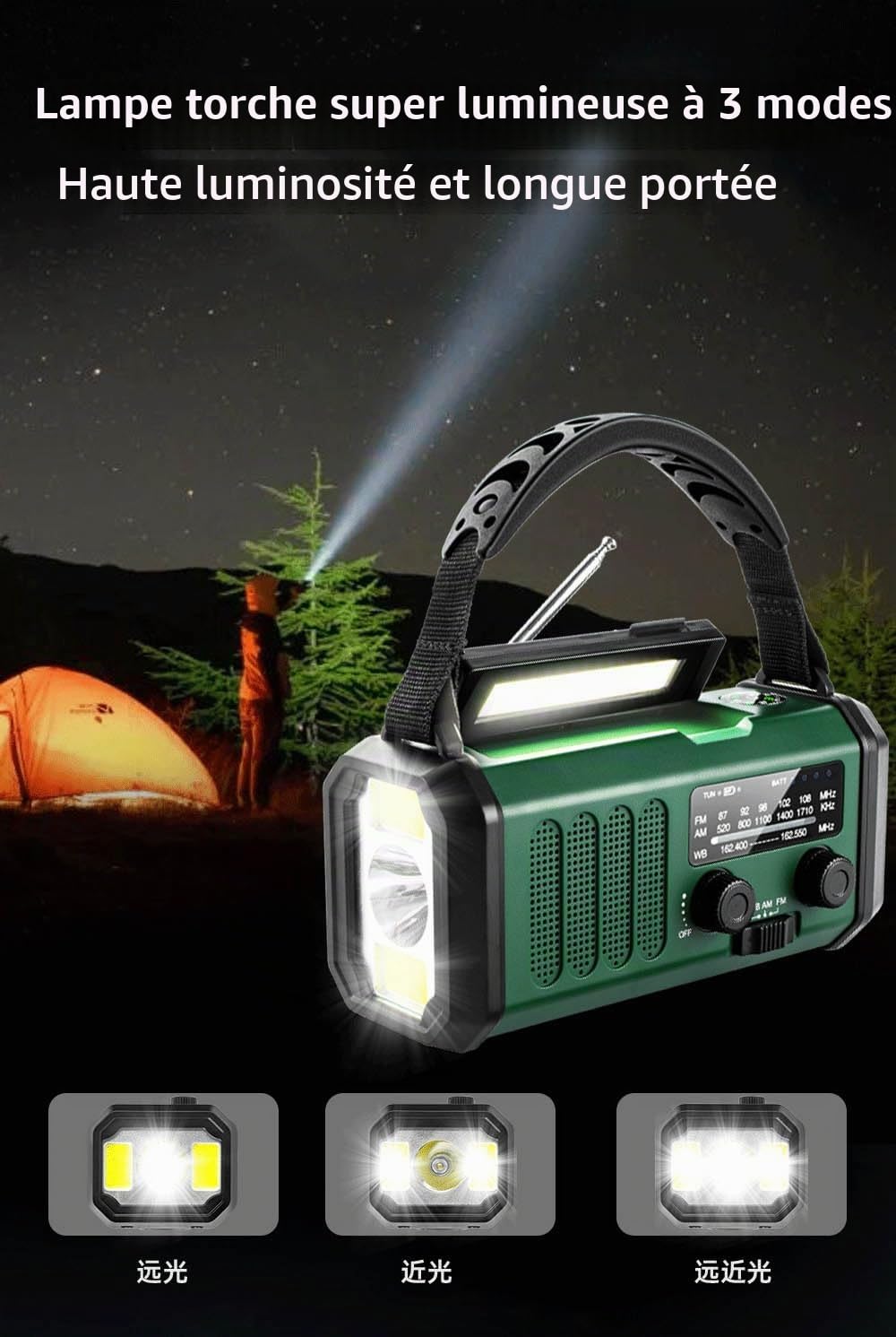 Radio Dynamo Survie 20000mAh Radio D'urgence Solaire AM/FM Portable avec Recharge Solaire & Manivelle, Lampe Torche LED & Lumière de Lecture, Boussole, Alerte SOS et Powerbank USB Idéal Camping Survie