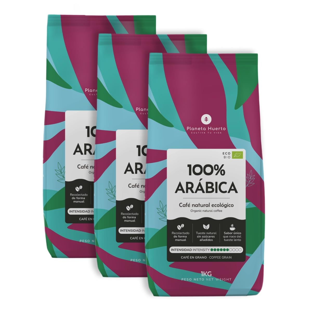 Café Grano Ecológico 100% Arábica 1 kg Pack 3x bio premium sabor suave y afrutado