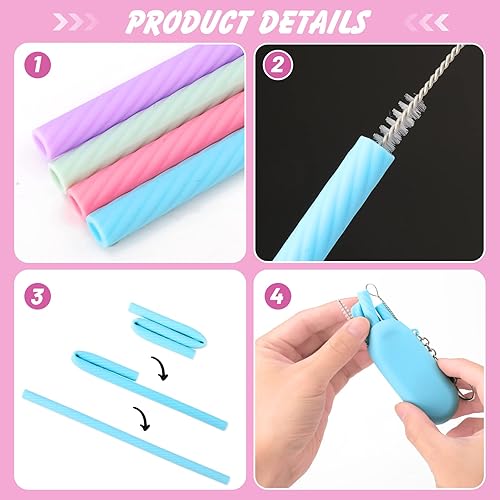 Miniatura 4 de Prasacco 4 juegos de pajitas reutilizables de silicona con estuche, pajitas plegables y portátiles para viajes y fiestas
