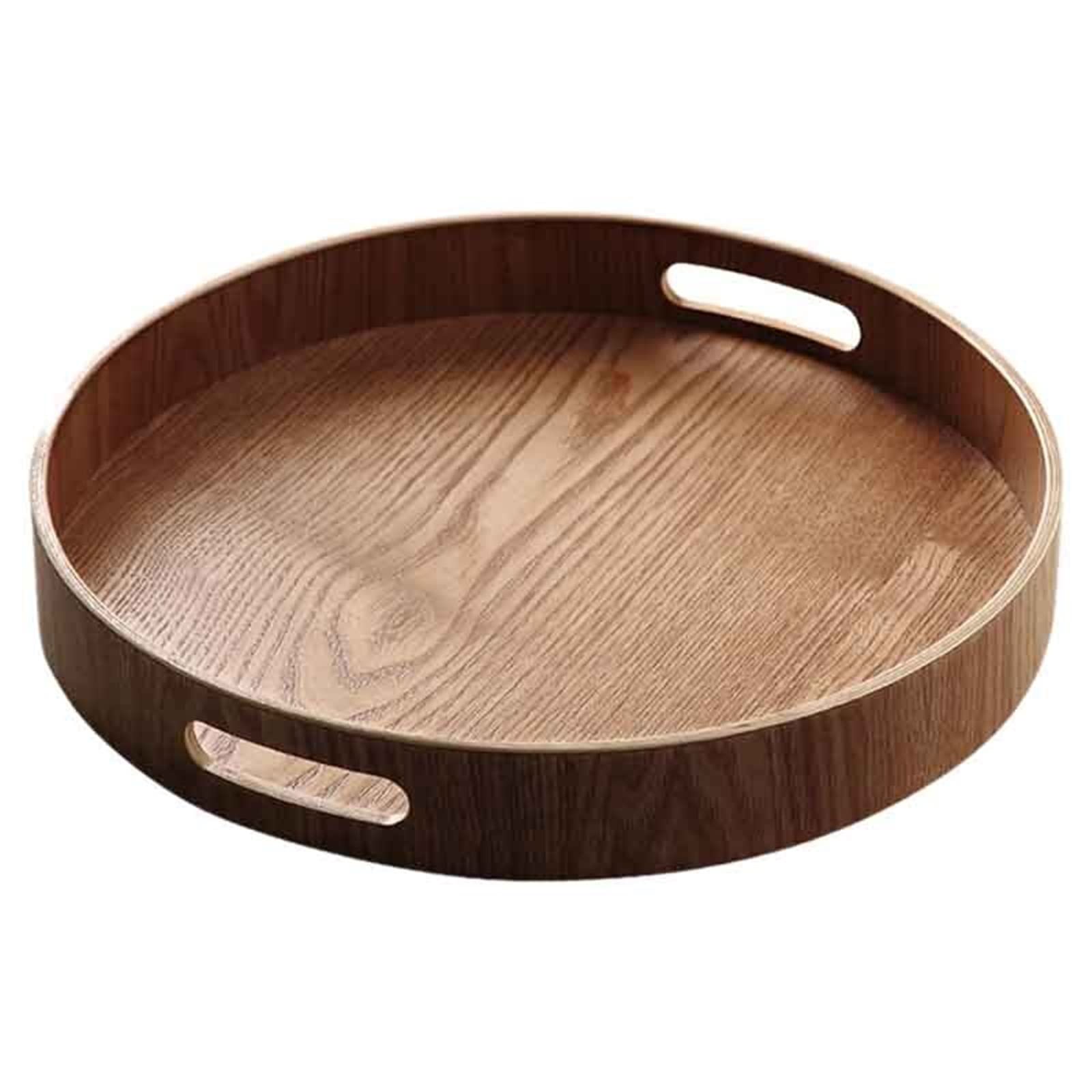 JINGYAN Breakfast Trays Round Serving Bamboo Wooden Tray for Dinner Trays Tea Bar Breakfast Food Container Handle Storage