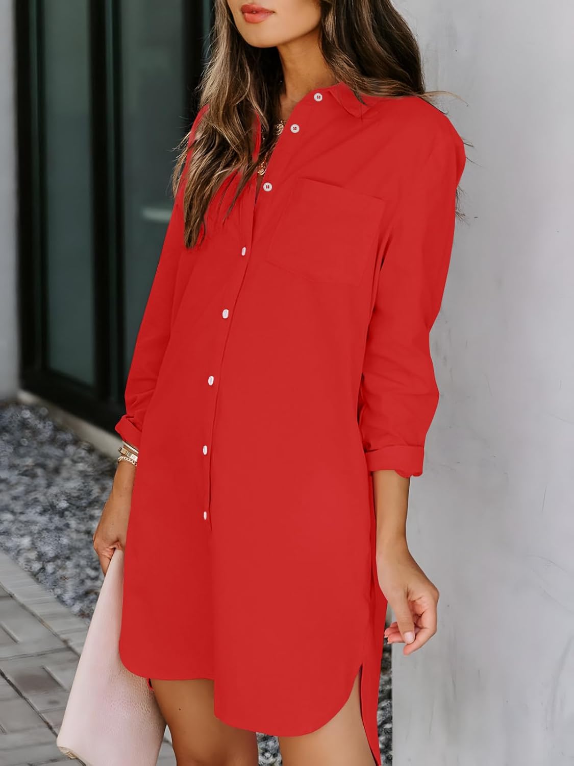 Paintcolors Women's Button Up Tunics Cotton Button Down Shirt Dresses with Pockets Solid Color High Low Blouse Tops - Image 4