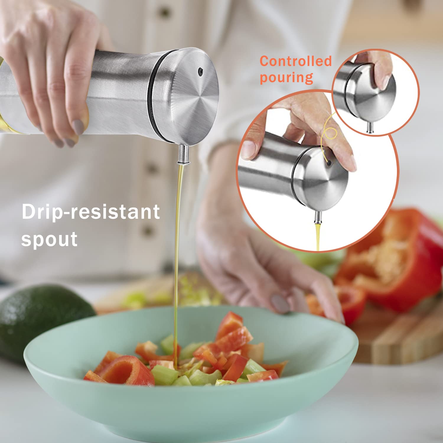 Aelga Juego de dispensador de aceite y vinagre con cesta, paquete de 2 botellas dispensadoras de aceite para cocina sin goteo, decoración de cocina y accesorios para el hogar, restaurantes, bodas