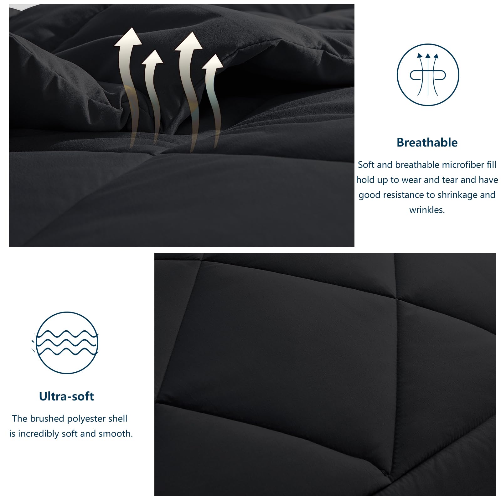 WAVVE Piumino Letto Matrimoniale 4 Stagioni 220x240 - Piumone Autunnale Invernale 220 x 240 cm - Coperta Trapunta 240x220 di Microfibra Sintetico, Nero