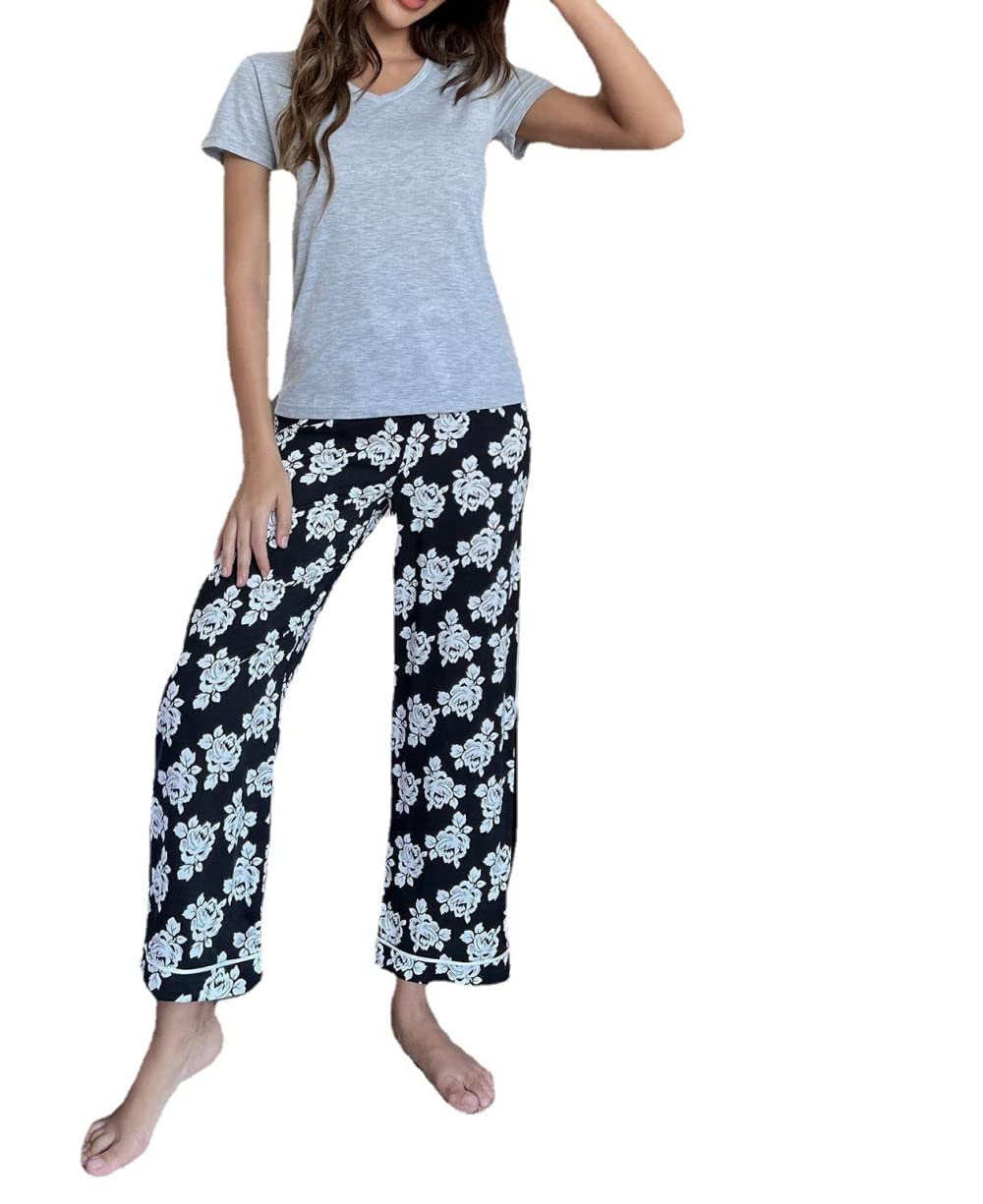Pijama De Mujer Manga Corta,Tops Grises Y Pantalones Con Estampado Floral Pijama De Manga Corta Para Mujer Conjunto De 2 Piezas Pijama Suave Y Cómodo Para Mujer Ropa De Descanso Regalo Del Día De
