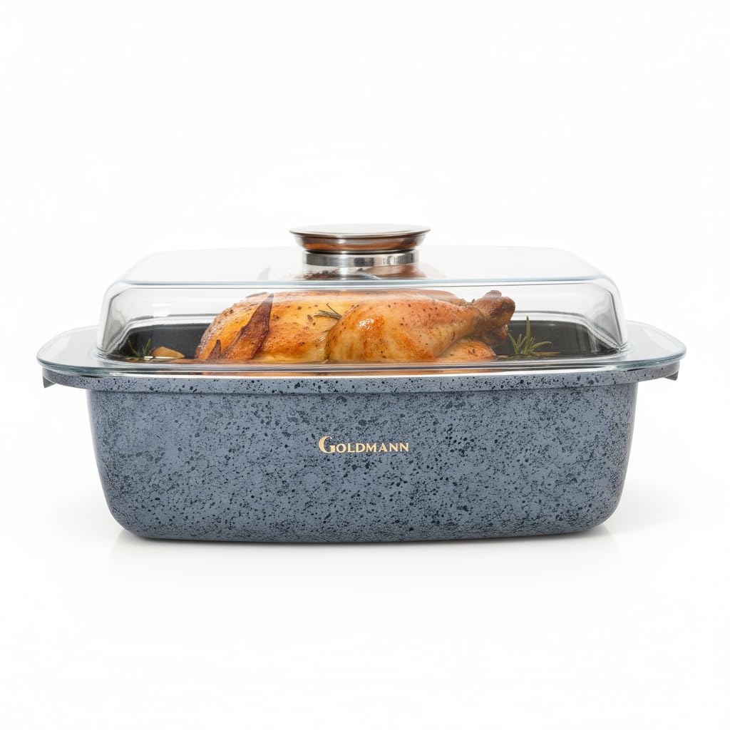 GOLDMANN Bräter rechteckig 32 x 21 x 11 cm (5,5 l) – Aluminiumguss – Antihaftbeschichtung in Marmoroptik – Glasdeckel mit Aromaknopf – Für alle Herdarten geeignet – Ofenfest – PFOA-frei